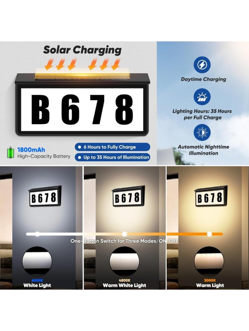 Solar-Powered LED House Numbers, Waterproof Dual Color Address Sign with - Picture 3 of 7